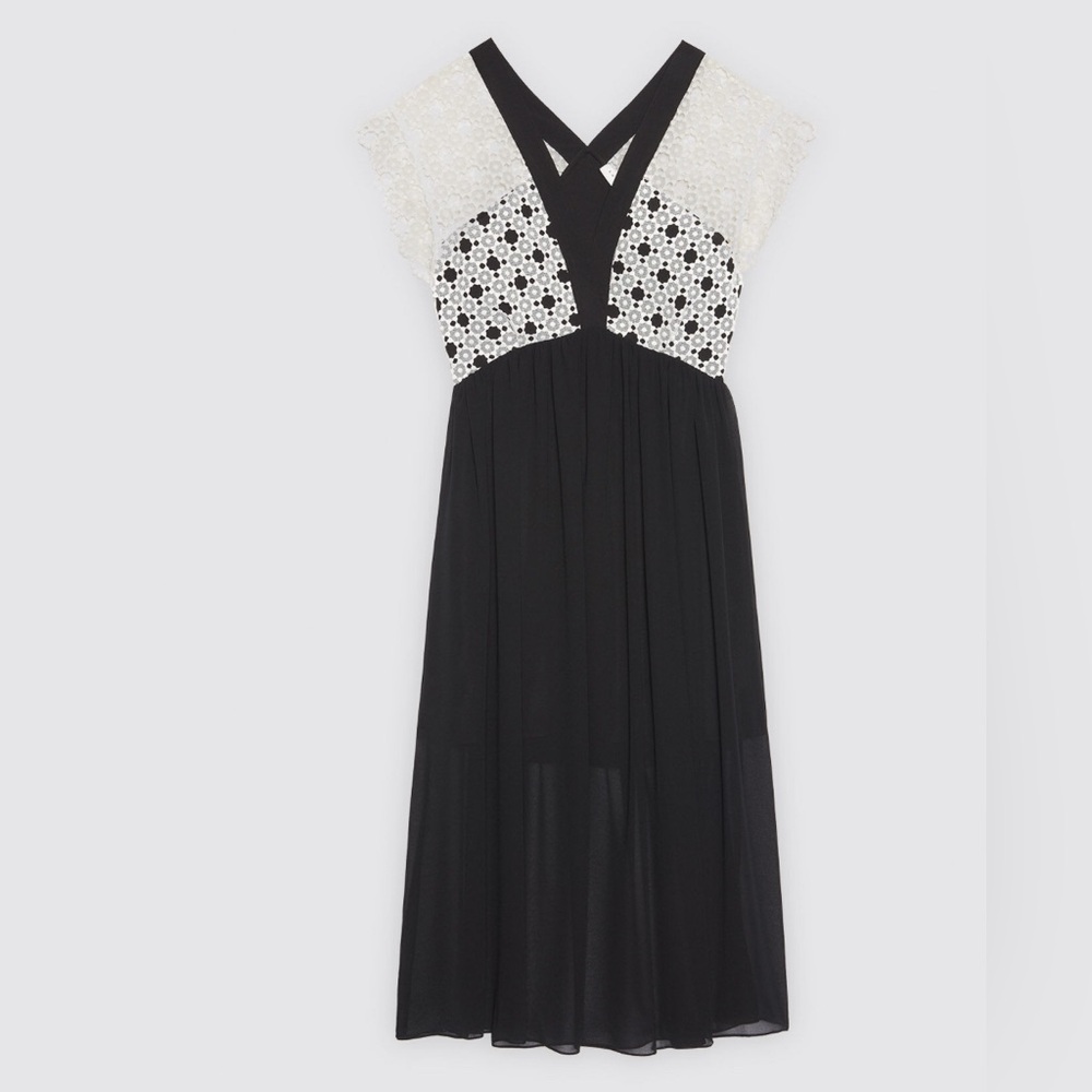 Sandro Black Plunging Neckline Lace Inset Midi
Dress Black/White Size 38 US 6 - Picture 6 of 16